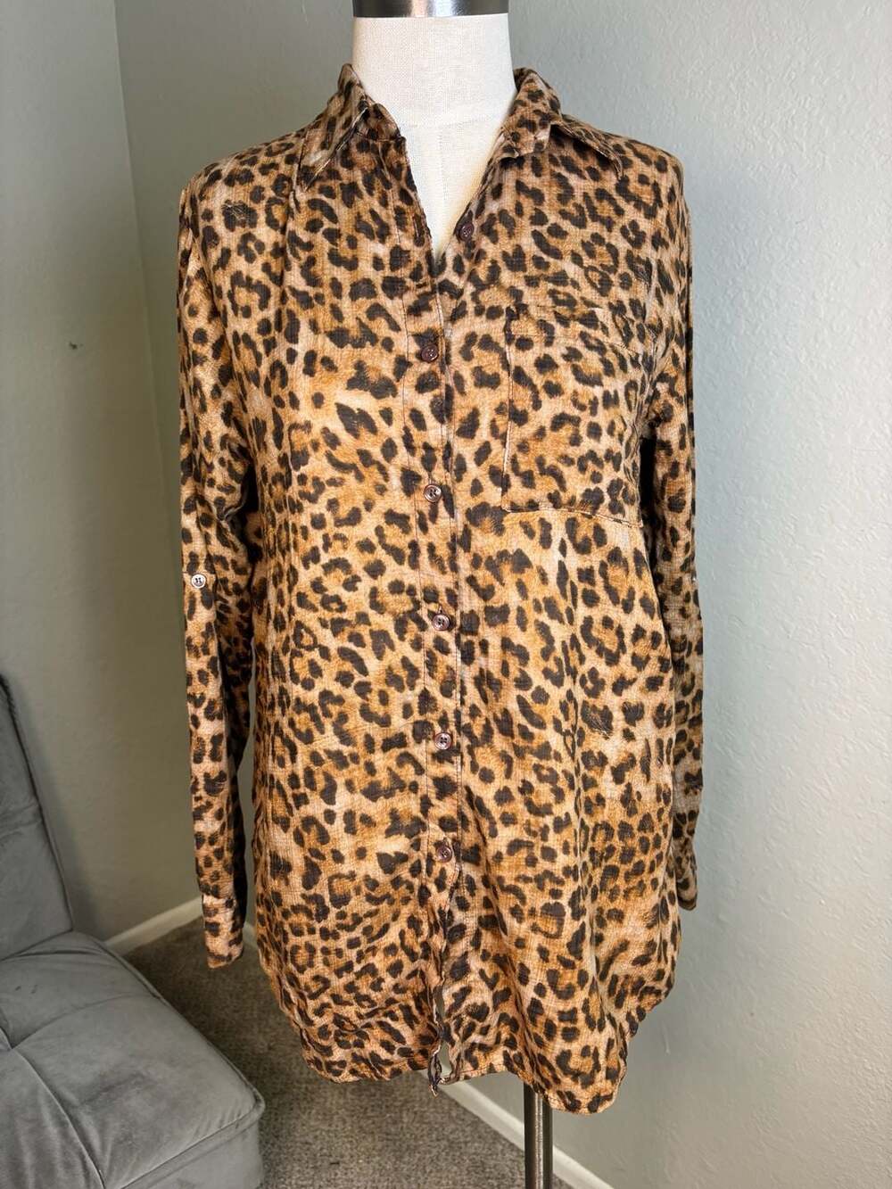 Seven Forty Two Leopard Print Long Sleeve Button-Down Tunic Top